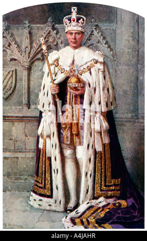 George VI à coronation robes : la robe de velours violet, avec la couronne impériale, 1937.Artiste : Fortunino Matania Banque D'Images