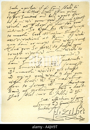 Lettre de la Reine Elizabeth I de Jacques VI d'Écosse, le 5 janvier 1603.Artiste : La Reine Elizabeth I Banque D'Images