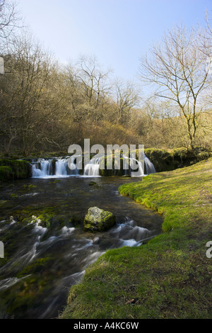 Cascade sur la rivière Lathkill dans Lathkill Dale dans le Peak District, dans le Derbyshire Banque D'Images