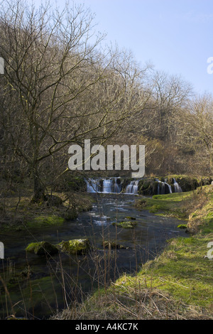 Cascade sur la rivière Lathkill dans Lathkill Dale dans le Peak District, dans le Derbyshire Banque D'Images