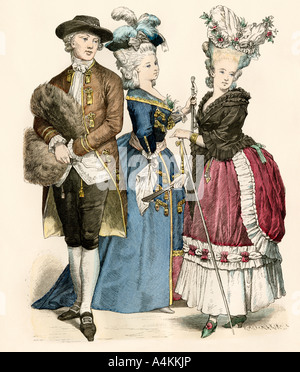 La mode des cheveux et des vêtements français années 1770. Impression couleur à la main Banque D'Images