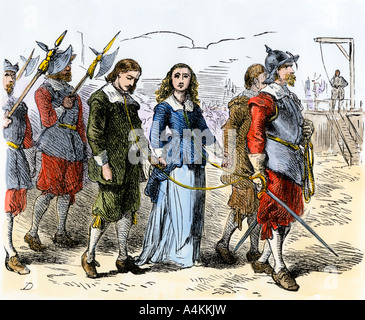 Les Quakers se rendre à leur exécution en colonie de la baie du Massachusetts puritain des années 1600. À la main, gravure sur bois Banque D'Images