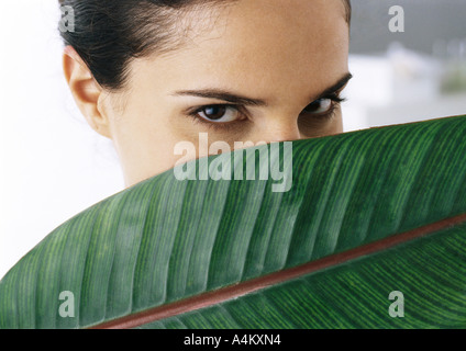 Woman looking at camera, palm leaf couvrant partiellement le visage, close-up Banque D'Images