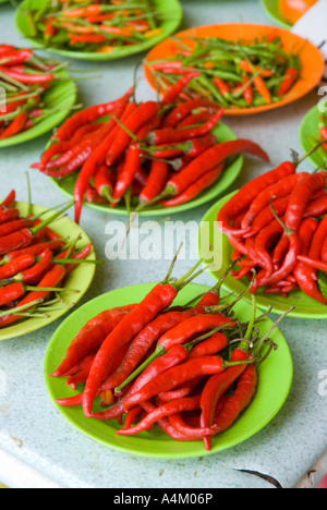 Le Piment Rouge sur vert des assiettes en plastique pour la vente sur le marché en Malaisie Sarawak Kuching Banque D'Images