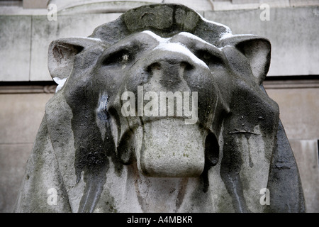 Statue de tête de lion avec de la neige fondue. British Museum, Bloomsbury, Camden, London, England, UK Banque D'Images