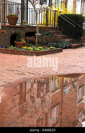 Reflet des maisons historiques dans la vieille ville d'Alexandria en Virginie en flaque d'eau sur le trottoir en brique Banque D'Images