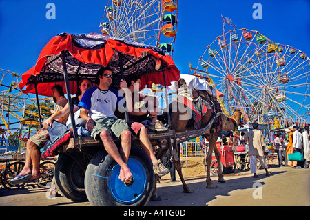 Les touristes sur camel panier Pushkar Rajasthan Inde équitable Banque D'Images