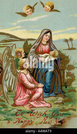 Carte postale édouardienne montrant Marie et l'enfant Jésus avec les anges des légendes est de vous souhaiter une bonne et heureuse année Banque D'Images