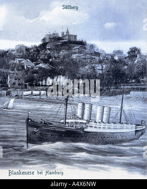 Carte postale historique vers 1900 Blankenese sur l'Elbe près de Hambourg sous Suellberg avec la vapeur jacht du prince allemand Banque D'Images