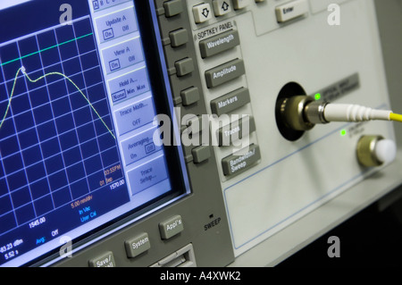 Un analyseur de spectre optique moderne est utilisé comme outil de diagnostic dans la fibre optique. Banque D'Images