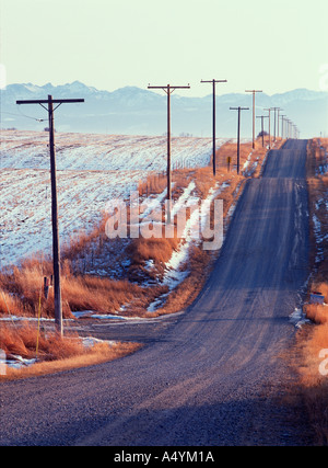 Route de gravier et les poteaux de téléphone et la neige des champs de blé Gallatin Valley Montana USA Banque D'Images