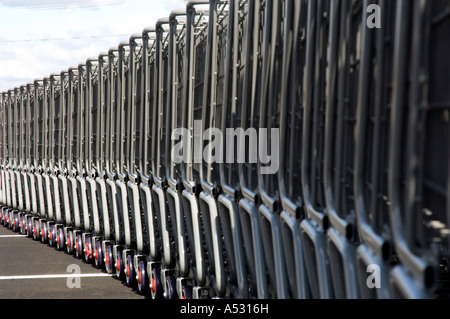 Une rangée de caddies emboîtés dans un parking. Camera : Nikon D2x. Banque D'Images