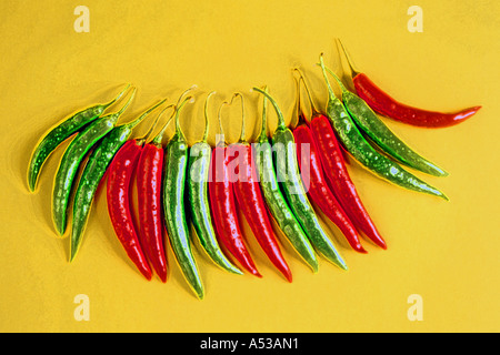 Piments rouges et verts sur fond jaune Banque D'Images