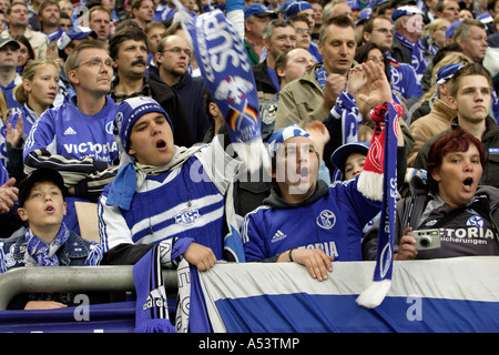 Fans de Schalke 04 football club à la Veltins Arena, Gelsenkirchen, Allemagne Banque D'Images