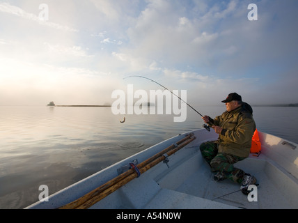 Vue d'un homme âgé pêchant à partir d'un bateau / skiff à la crack de l'aube ayant juste pris une petite perche, Finlande Banque D'Images