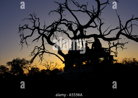 Des gens assis sur le toit d'un Land Rover au coucher du soleil le Botswana Banque D'Images