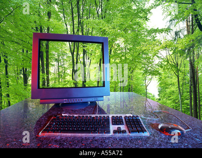 Combien symbolique pour obtenir vos photos dans votre ordinateur de bureau la réalité virtuelle VR extérieur intérieur extérieur en vert forêt Banque D'Images