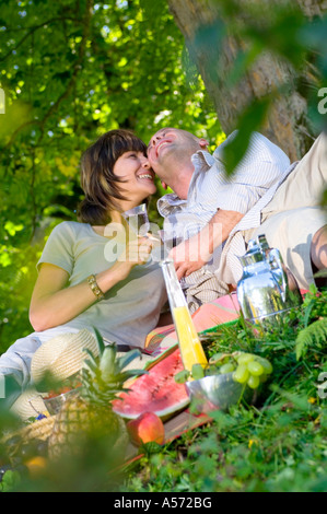 Couple having picnic under tree Banque D'Images