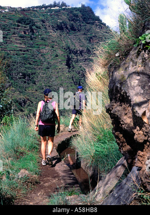 Dh Levada dos SOCORRIDOS MADÈRE Curral vallée marcheurs randonnée Levadas hommes femmes touristes Banque D'Images