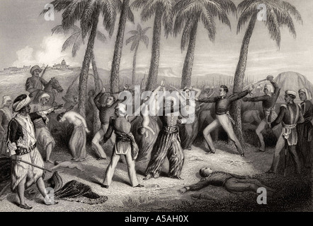 Massacre des officiers anglais et de leurs épouses à Jhansi en 1857. De l'Histoire de la Mutiny indienne, publié en 1858. Banque D'Images
