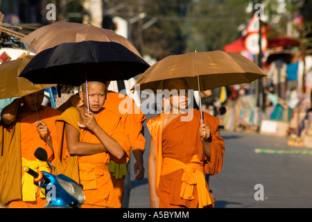 Les moines novices avec parasols en marchant dans la rue Luang Prabang au Laos Banque D'Images