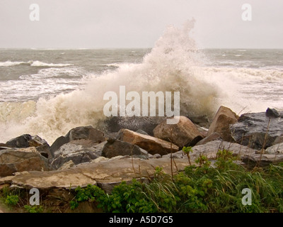 Vagues se brisant sur une plage rocheuse Banque D'Images