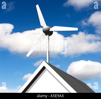 Vue rapprochée de chambre et toit éolienne avec ciel bleu et nuages blancs Banque D'Images