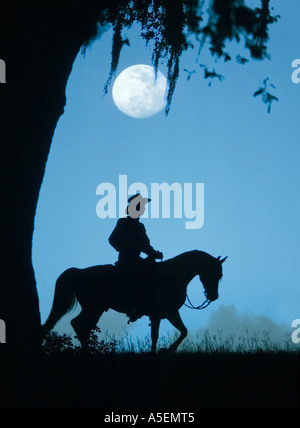 Silhouette of man dans l'ouest de l'équitation étalon Cheval Arabe costume sur l'horizon avec la pleine lune dans le ciel derrière Banque D'Images