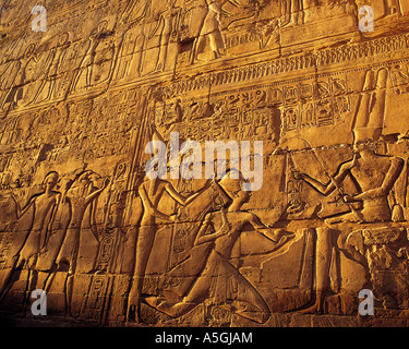 Élaborer des secours en pierre sculptée sur les gros plans des chiffres pharaonique au temple de Karnak, Louxor, Egypte Banque D'Images