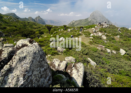 Les nuages de mousson sur le Hagghier Haggier, montagnes, l'île de Socotra, Site du patrimoine mondial de l'UNESCO, au Yémen Banque D'Images