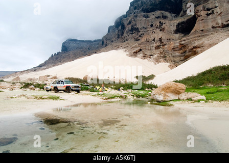 Camp de l'oasis de Er-Herr, côte nord de l'île de Socotra, UNESCO World Heritage Site, Yémen Banque D'Images
