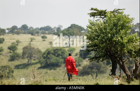 Une tribu Masai marcher à travers la campagne en Afrique Kenya Banque D'Images