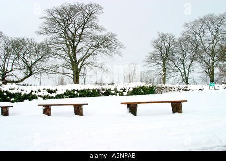 Paire de bancs en bois couverts dans la neige profonde Banque D'Images