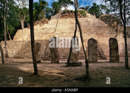 Estructura VII estelas (stèles), ruines mayas, Rio Bec Sites, dans la région de Calakmul, Campeche, Yucatan de l'état, le Mexique penninsula Banque D'Images