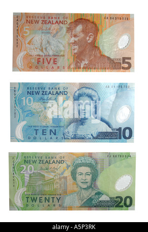 Un groupe de 5 10 et 20 new zealand dollar notes. Banque D'Images