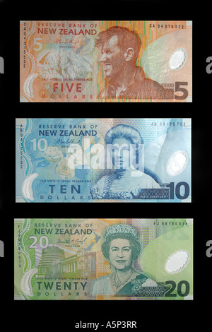 Un groupe de 5 10 et 20 new zealand dollar notes. Banque D'Images