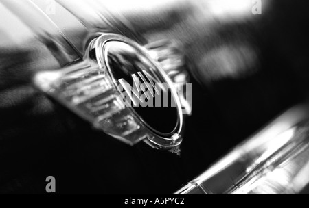 Romantique noir et blanc close up image de l'insigne de capot Mini chrome avec de l'eau savonneuse en marche vers le bas sur elle Banque D'Images