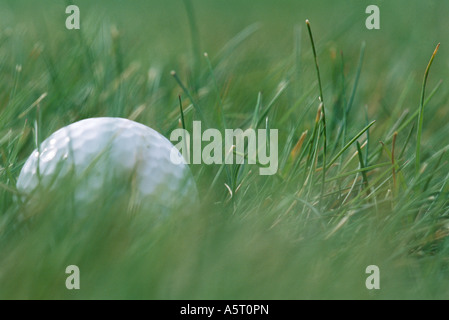 Balle de golf dans l'herbe, extreme close-up Banque D'Images