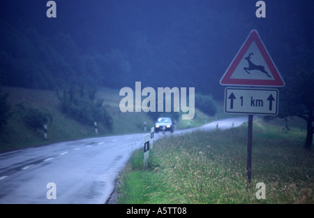 Route de campagne humide avec un panneau d'avertissement pour l'abonnement dans le brouillard Banque D'Images