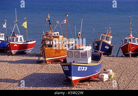 La bière, l'est du Devon, de bateaux de pêche sont tiré par le tracteur vers la plage pour la sécurité de toutes les mers agitées. XPL 4919-460 Banque D'Images