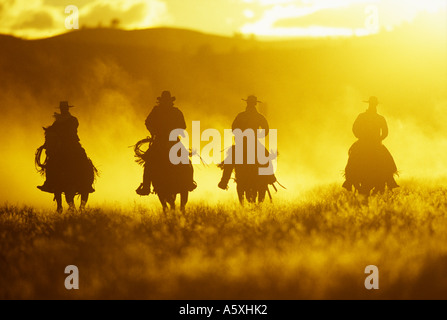 L'augmentation des Cowboys au coucher du soleil l'Oregon USA Banque D'Images