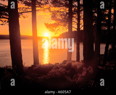 Coucher de soleil sur un lac ; Kielder Water, Northumberland, England, UK. Banque D'Images