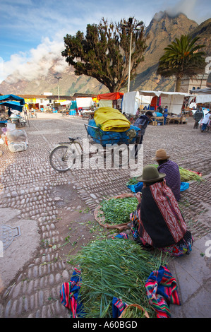 Jour de marché dans la Vallée Sacrée Pisac carrés nr Cusco Pérou Banque D'Images