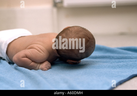 Bébé âgé de 15 jours commence à soulever sa tête en position couchée sur le ventre Banque D'Images