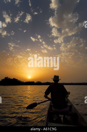 Canoë touristiques sur le fleuve Gambie und pour le coucher du soleil, près de Tumani Tenda, Gambie, Afrique Banque D'Images