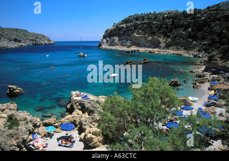 High angle view of beach, plage Ladiko Anthony, Quinn-Bay, Faliraki, Rhodes, Dodécanèse, Grèce Banque D'Images