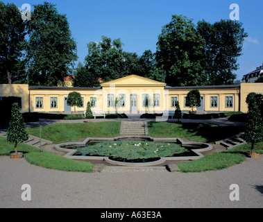 L'étang de lilly à la Chambre et au-delà de l'Orangerie, le jardin de Carl von Linné, off Svartbacksgatan, Uppsala, Suède, Uppland. Banque D'Images