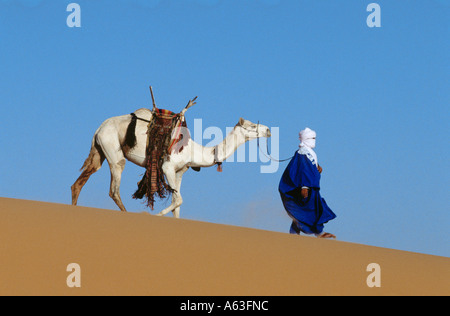 Leader chef de la caravane dans le désert à dos de chameau, Touareg, Tekerkiba, désert du Sahara, la Libye Banque D'Images