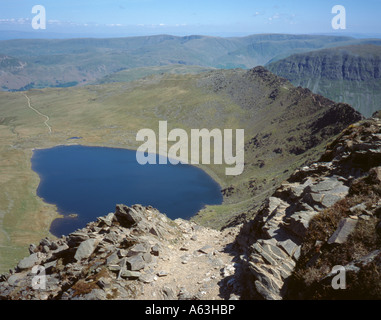 Tarn rouge vu de swirral edge, helvellyn, marchant avec edge au-delà sur la droite, Lake District, Cumbria, England, UK. Banque D'Images