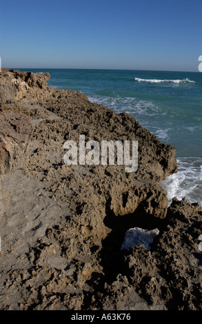 L'eau de mer contre la roche calcaire rive de l'île d'Hutchinson Martin County Florida Stuart Banque D'Images